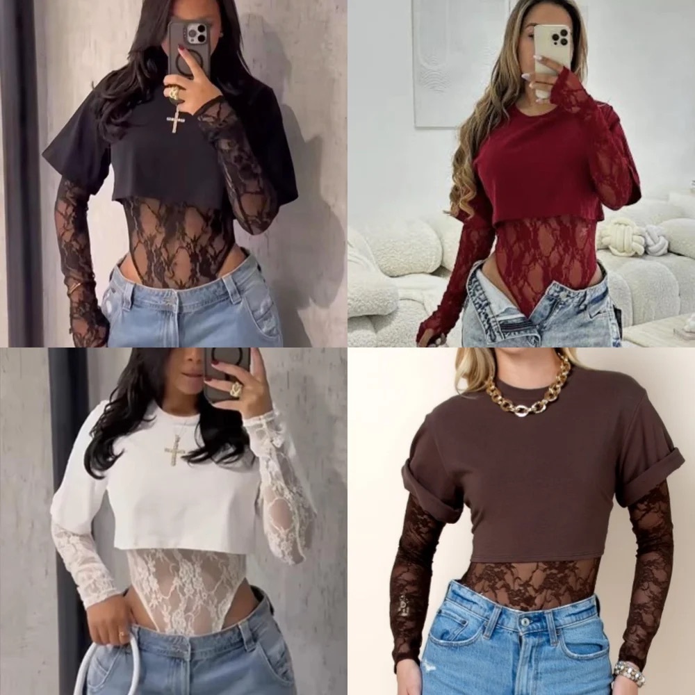 Lace Long Sleeve Bodysuit with Crop Top - Picture 7 of 15